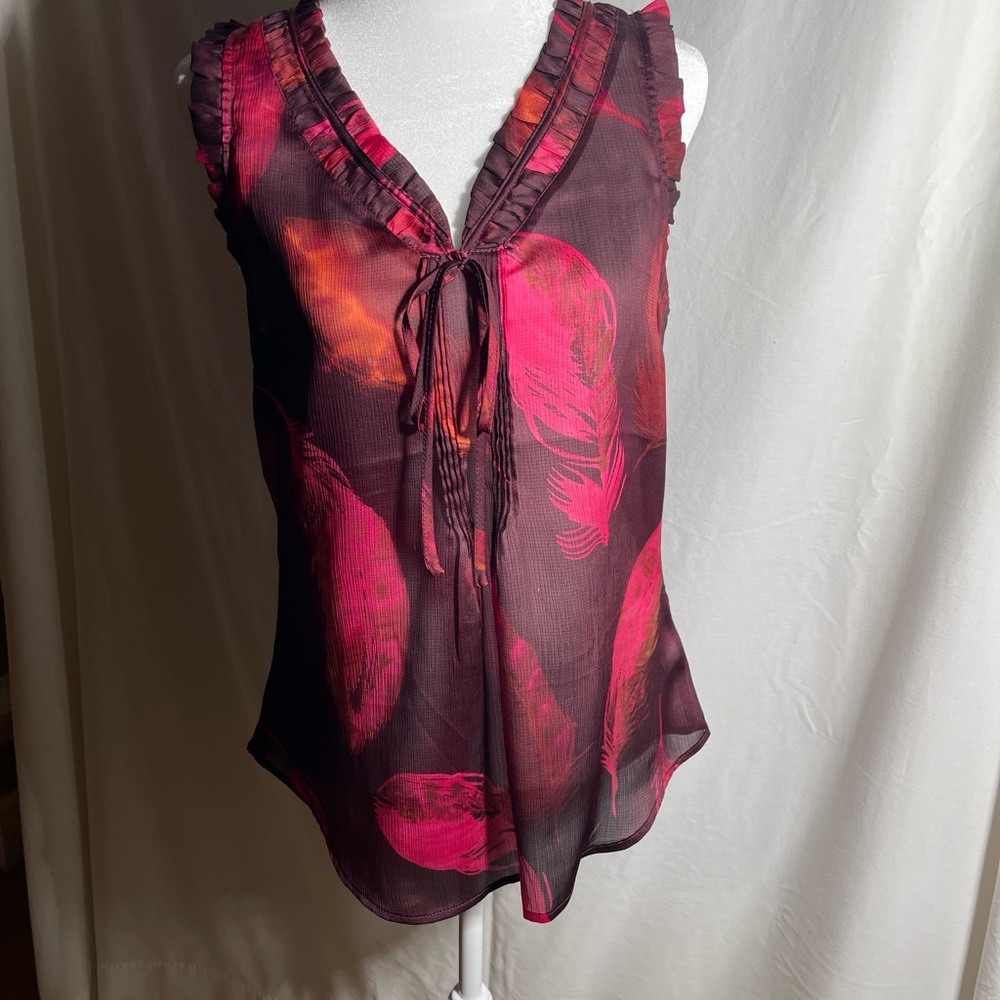 New York & Company Pink and Black Feather Print Blouse